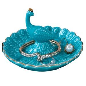 Ceramic Blue Peacock Jewelry Tray For Earrings, Rings, Necklaces And Bracelets